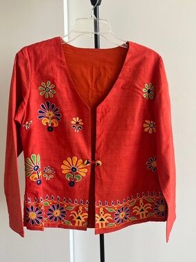 Fabindia Style funky Coral 🪸 artsy Cotton jacket Embroidered Elephant Lined M
